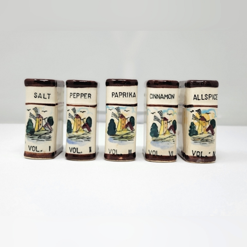 Vintage Spice Set 5 Book-Style Spice Containers Windmill Made in Japan